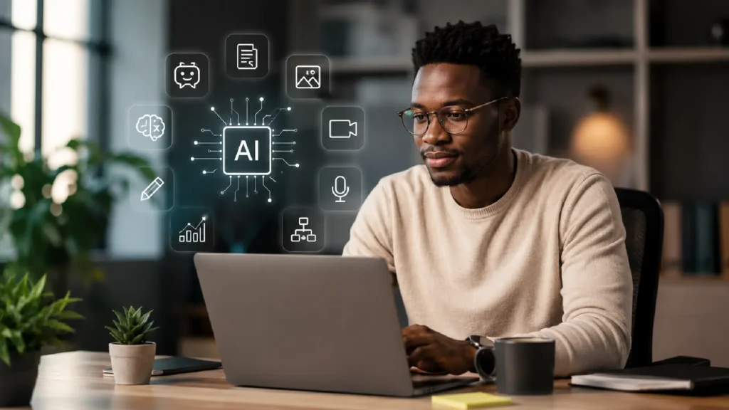 Illustration des 10 meilleurs outils d'intelligence artificielle pour les entrepreneurs africains afin de gagner du temps, automatiser leurs tâches et développer leur activité.
