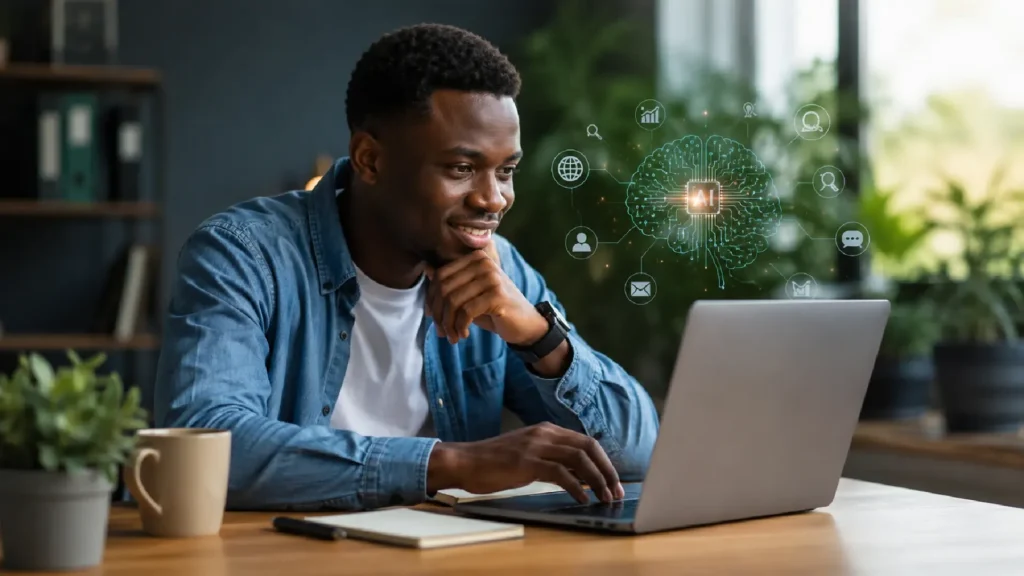 Entrepreneur africain découvrant l’intelligence artificielle sur un ordinateur portable pour développer son activité avec un petit budget